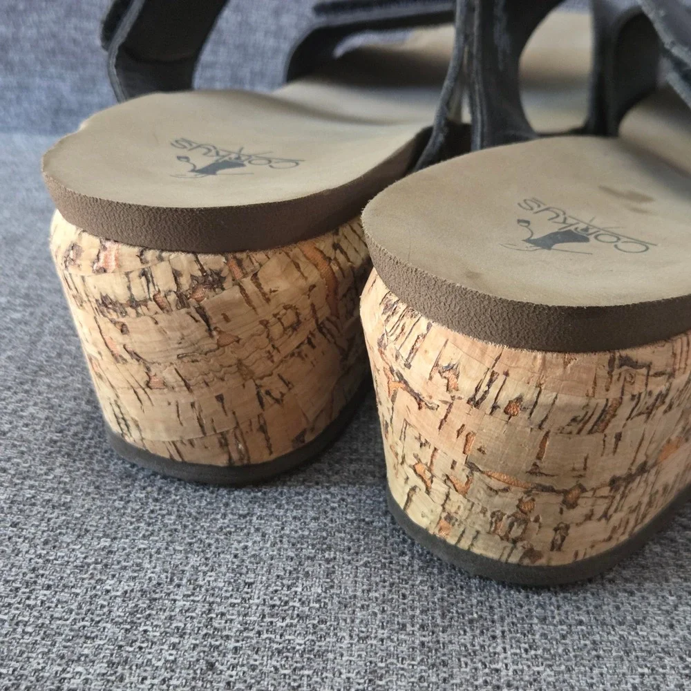 Corkys Black Cork Wedge Slide Sandals Women's Size 10 Double Strap Comfort
